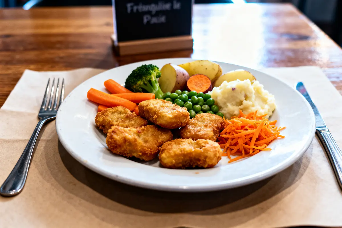 Assiette de nuggets avec légumes, purée, carottes râpées et couverts sur table en bois.