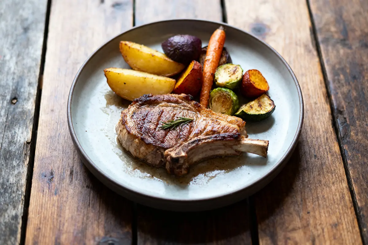 Assiette avec côte de porc grillée, pommes de terre et légumes rôtis sur table en bois.