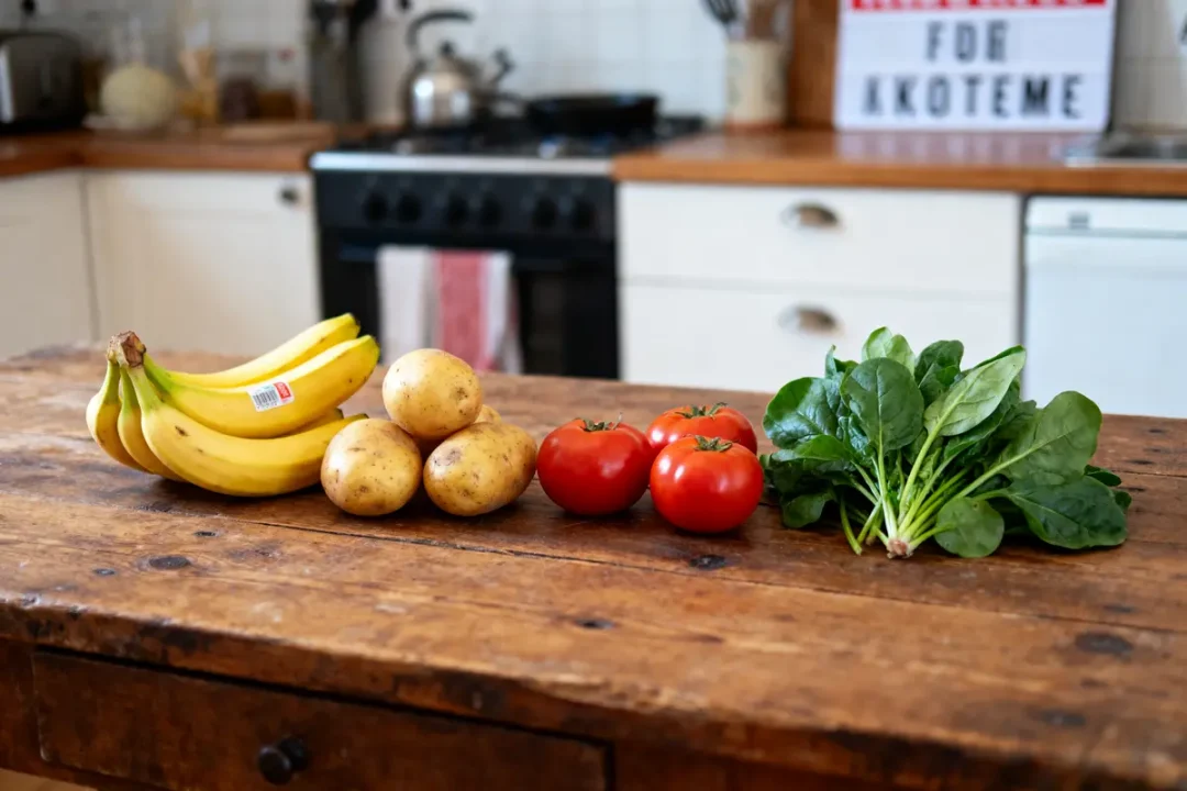 Bananes, pommes de terre, tomates, épinards frais sur table en bois, cuisine en arrière-plan.
