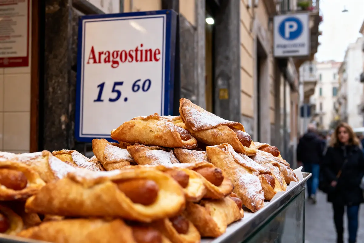 Pâtisseries aragostine exposées, étiquette de prix 15,60. Rue urbaine en arrière-plan, personne floue passant.