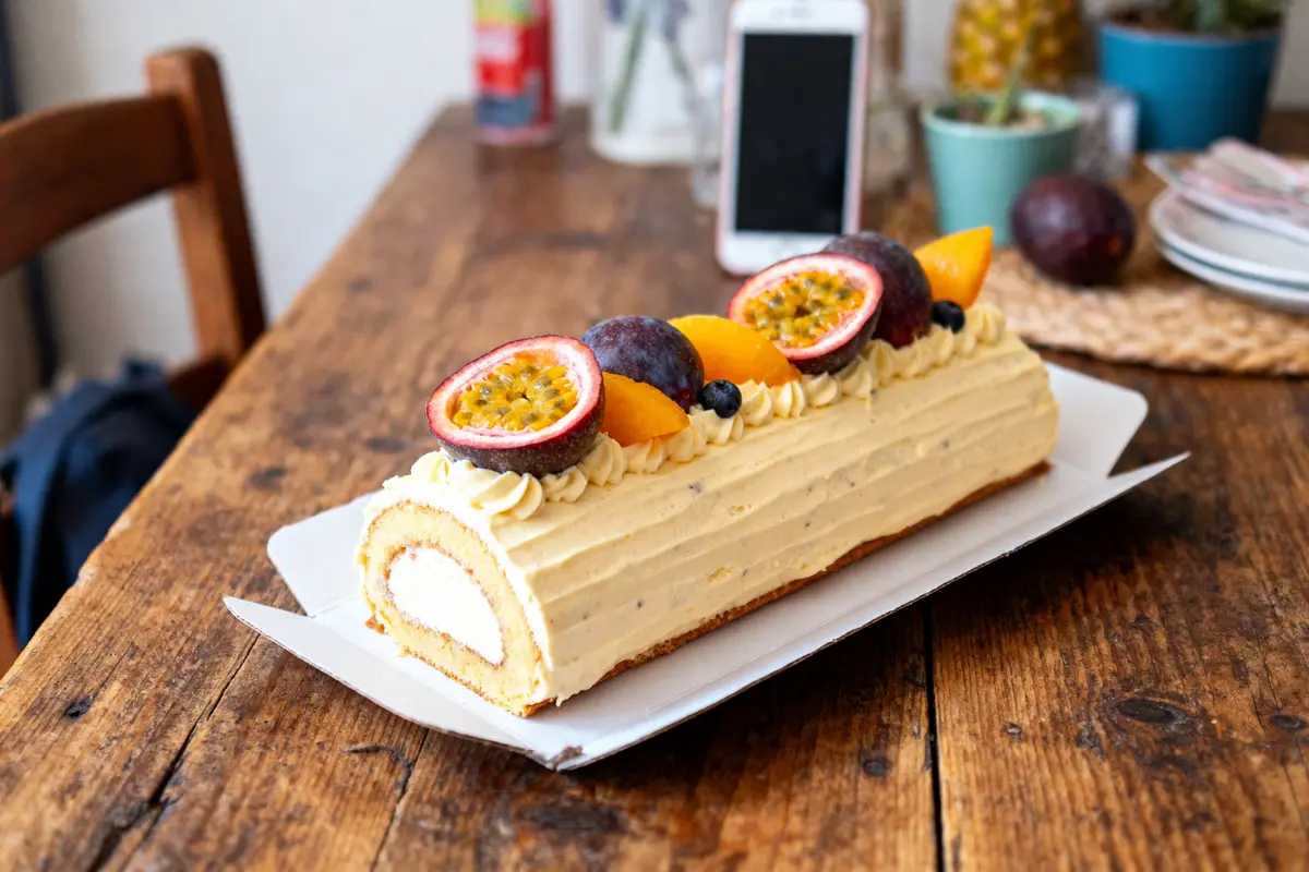 Bûche pâtissière décorée de fruits de la passion, nectarines et myrtilles sur une table en bois.