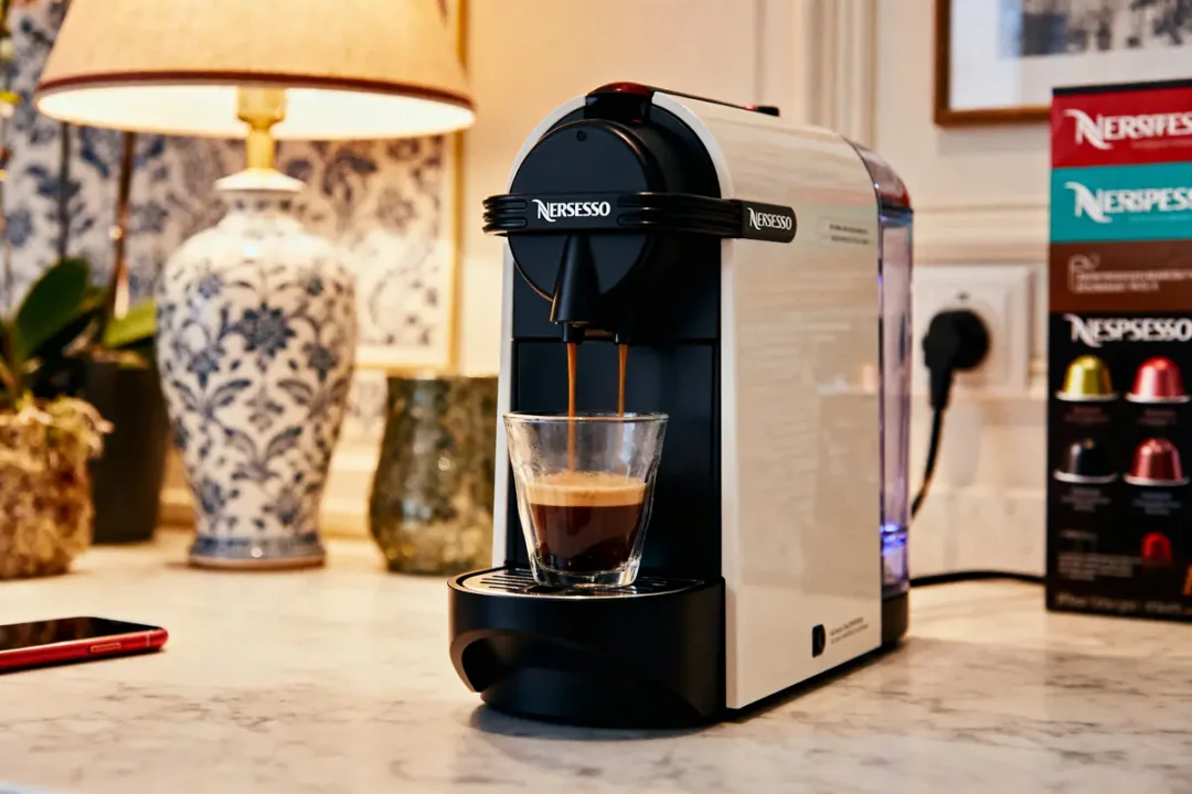 Machine à café Nespresso sur comptoir, préparant un espresso dans une cuisine élégante, café capsules à côté.