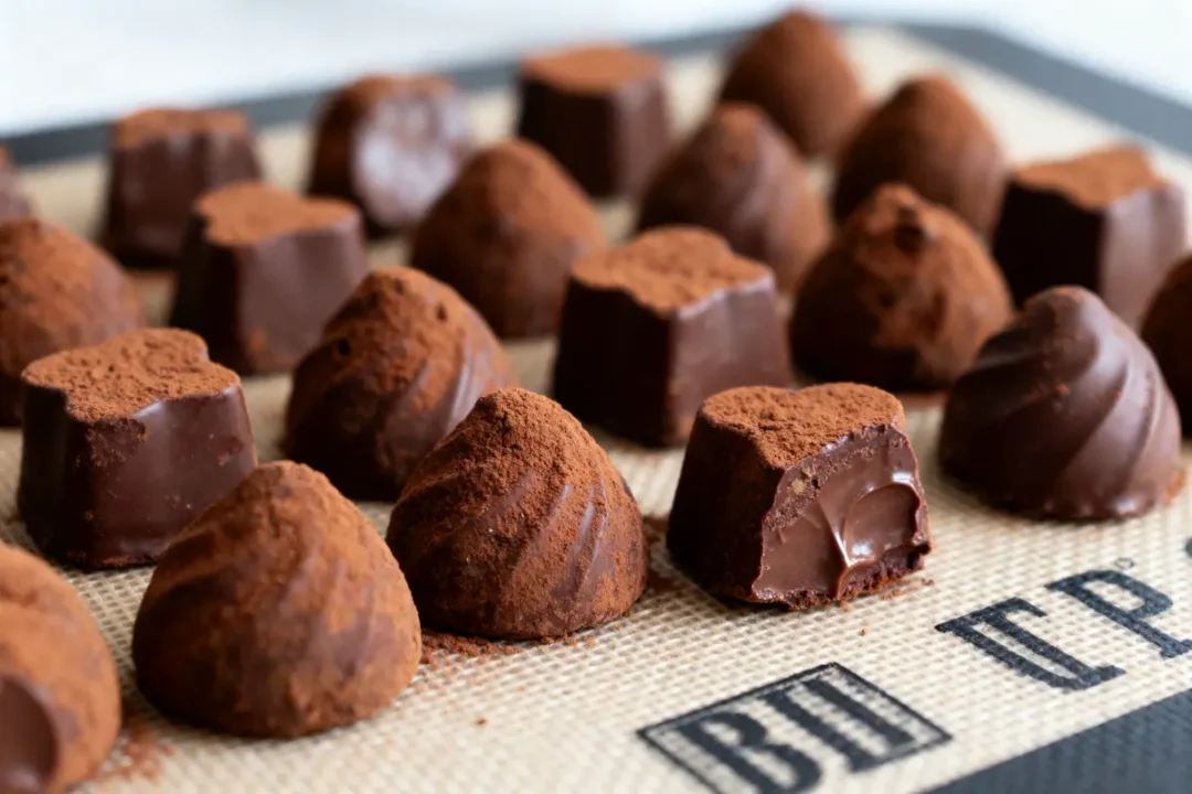 Chocolats enrobés de cacao, certains entamés, sur tapis de cuisson en silicone, vue rapprochée.