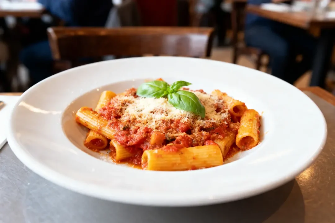 Assiette de rigatoni avec sauce tomate, basilic et parmesan, sur table de restaurant.