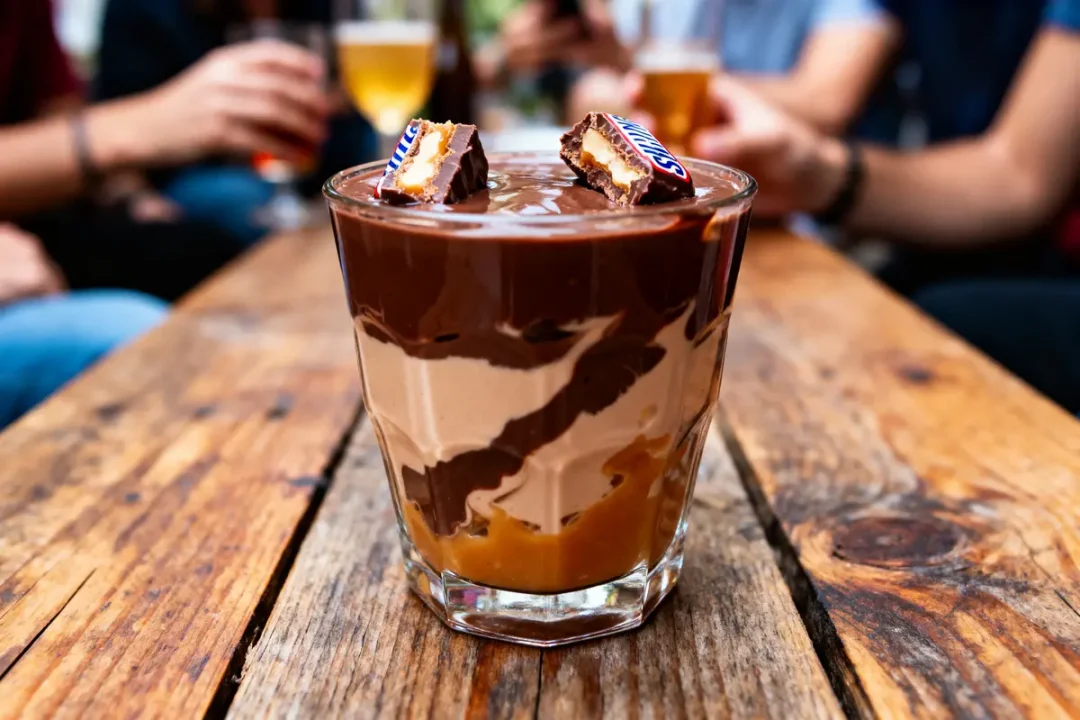 Verre de dessert au chocolat avec morceaux de barre chocolatée sur une table en bois, ambiance conviviale.