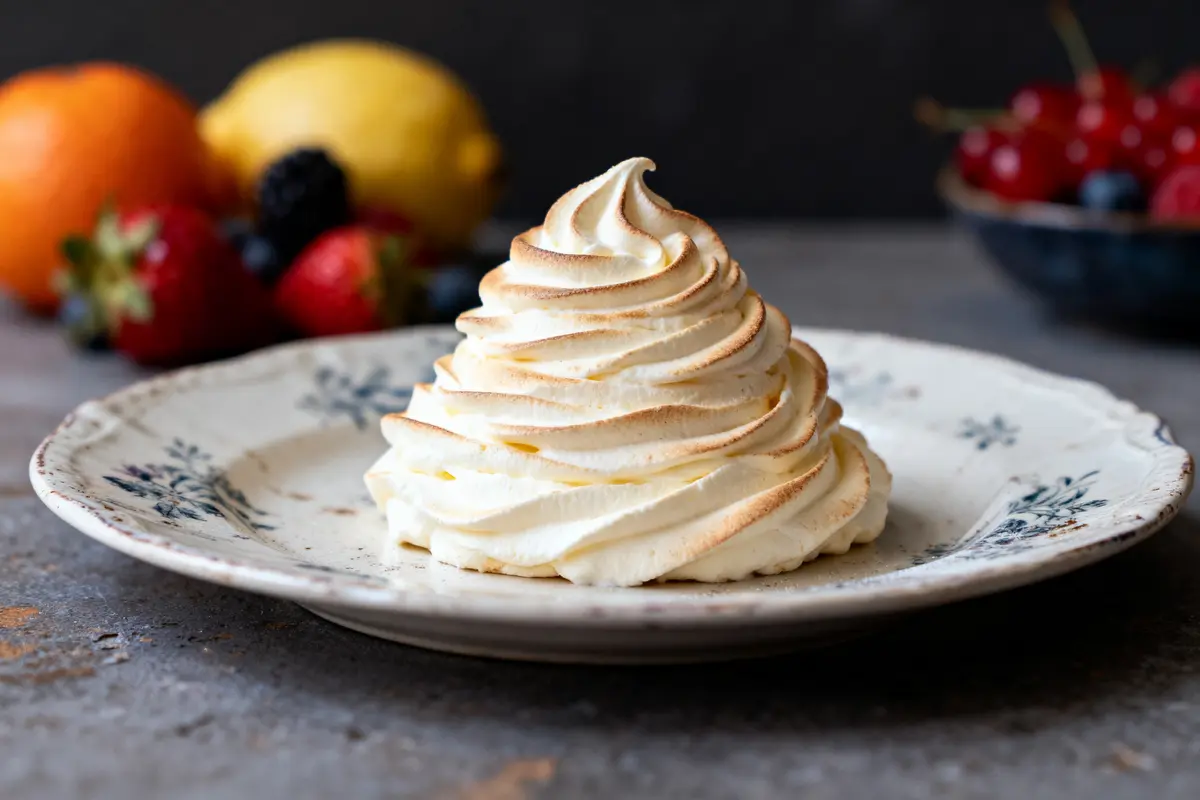 Meringue dorée sur assiette fleurie avec fruits en arrière-plan flou.