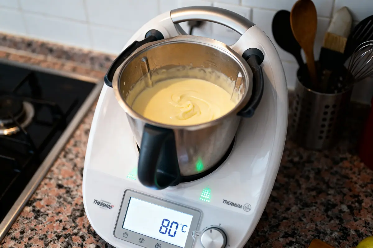 Thermomix préparant une sauce à 80°C dans une cuisine moderne avec ustensiles en arrière-plan.