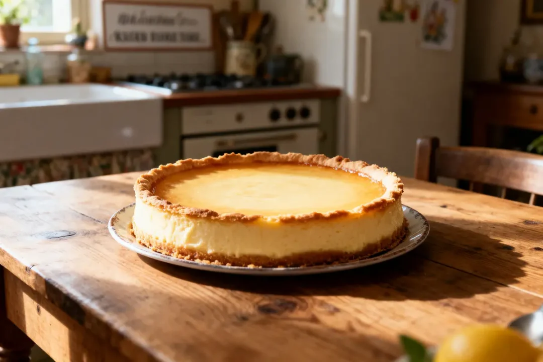 Tarte au fromage dorée sur table en bois dans une cuisine rustique et ensoleillée.