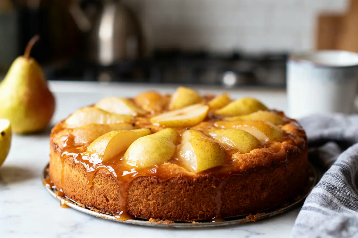 Gâteau aux poires caramélisées sur une assiette, avec des poires en arrière-plan, nappe rayée grise.