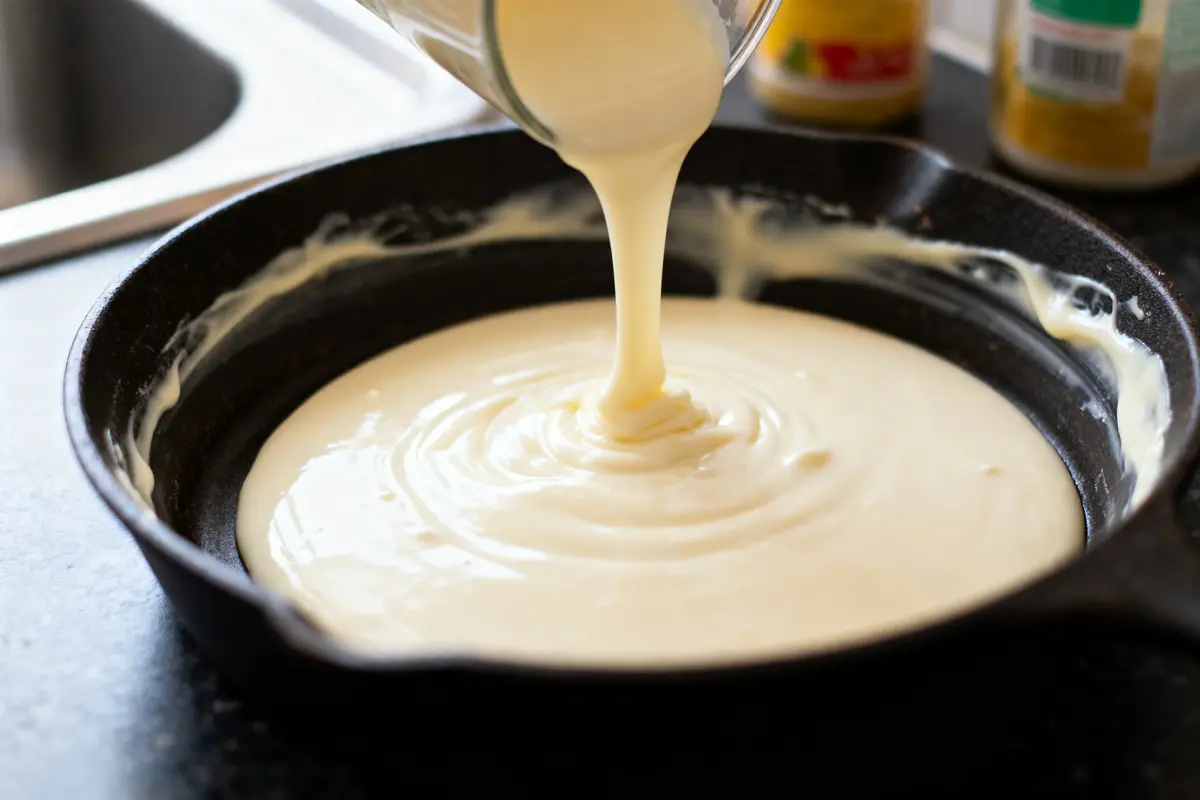Pâte crémeuse versée dans poêle en fonte, préparation culinaire en cours.