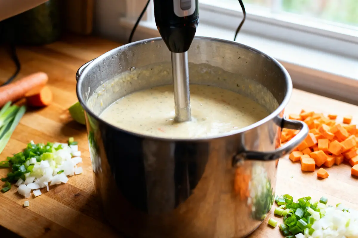Soupe mixée dans une grande casserole en inox, légumes coupés autour, mixeur plongeant immersé.