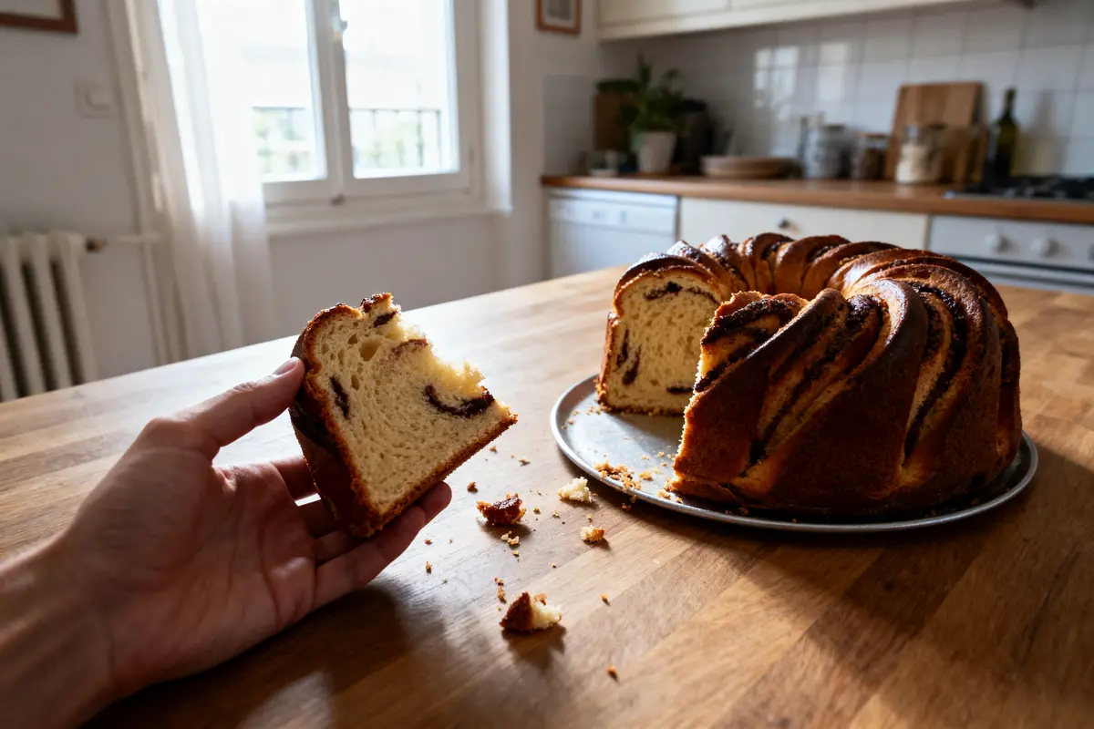 Un gâteau tranché sur une table en bois, cuisine lumineuse en arrière-plan.