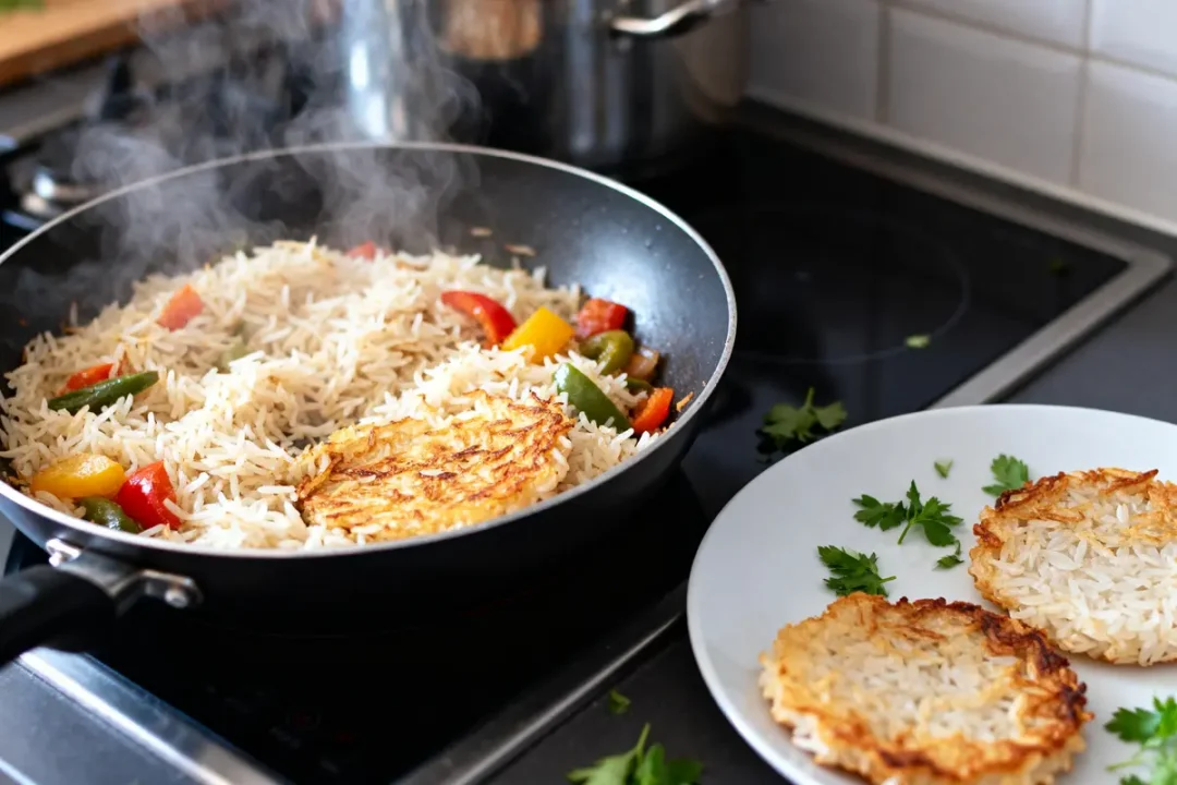 Poêle avec riz aux légumes, galettes de riz sur assiette blanche, persil décoratif, cuisine moderne.