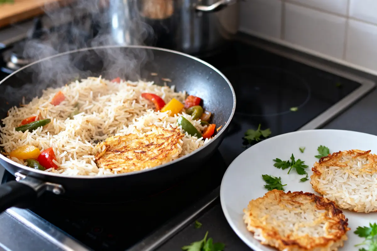 Poêle avec riz aux légumes, galettes de riz sur assiette blanche, persil décoratif, cuisine moderne.