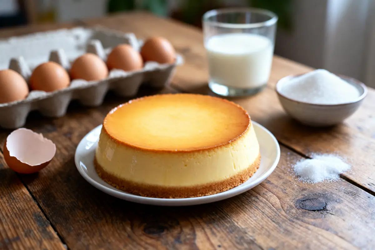 Flan crémeux sur assiette blanche, entouré d'œufs, verre de lait et bol de sucre sur table en bois.