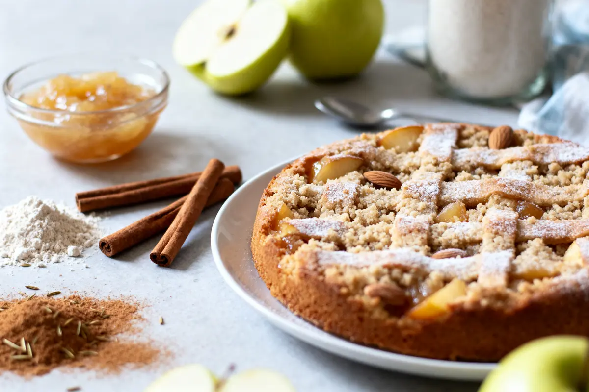Tarte aux pommes maison avec amandes, cannelle, compote, farine, et pommes vertes en arrière-plan.