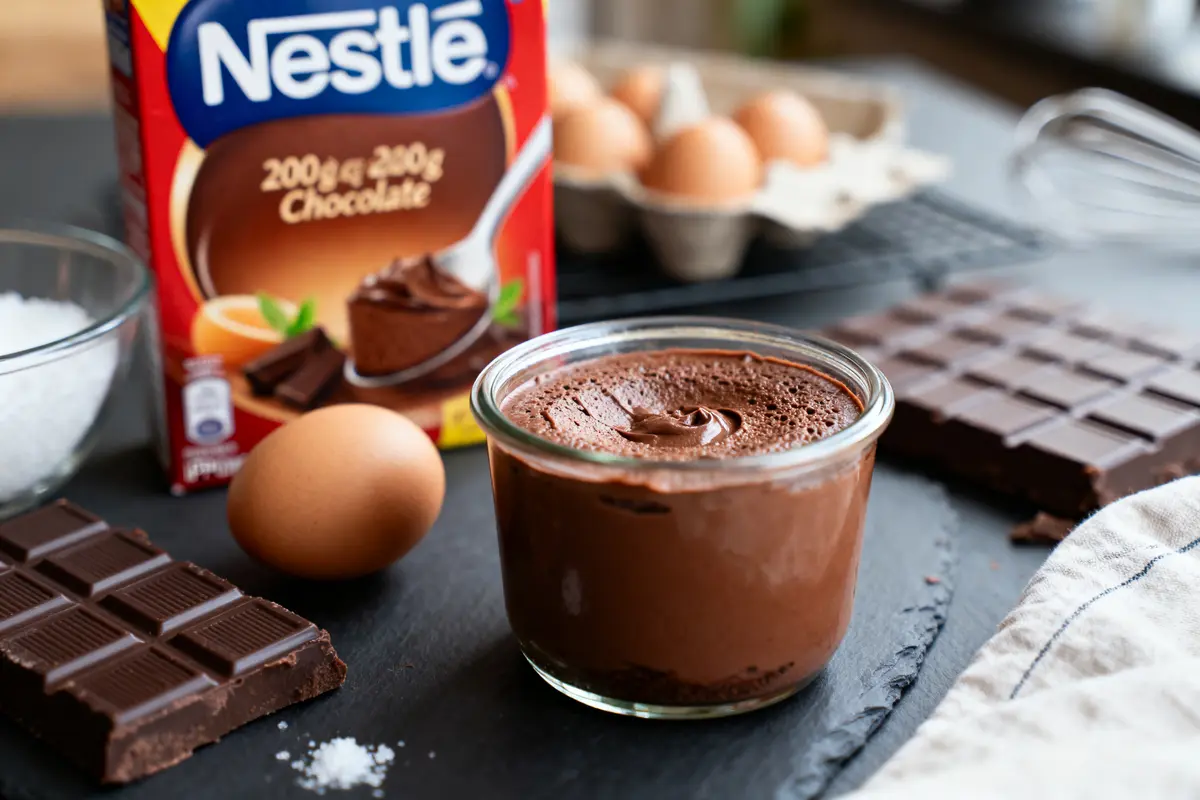 Dessert chocolaté dans un pot, chocolat en tablette, œufs, boîte Nestlé, sur une table noire.