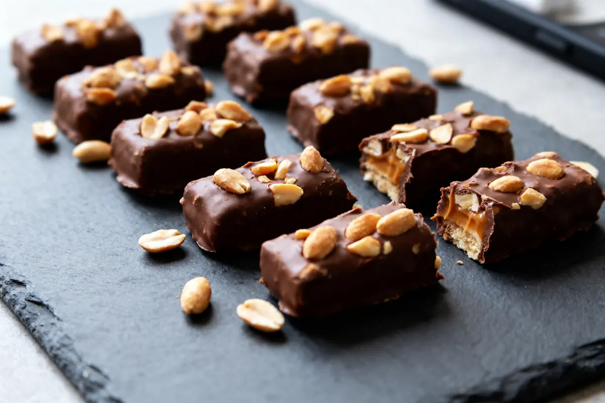 Barres chocolatées aux cacahuètes et caramel sur ardoise noire, avec une tranche montrant l'intérieur.