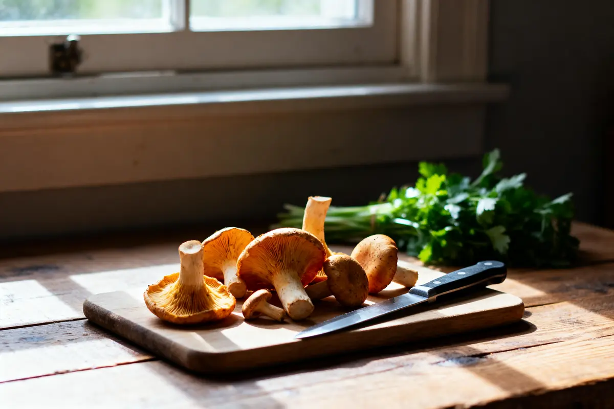 Champignons sur planche à découper en bois, couteau et persil, éclairés par la lumière naturelle d'une fenêtre.