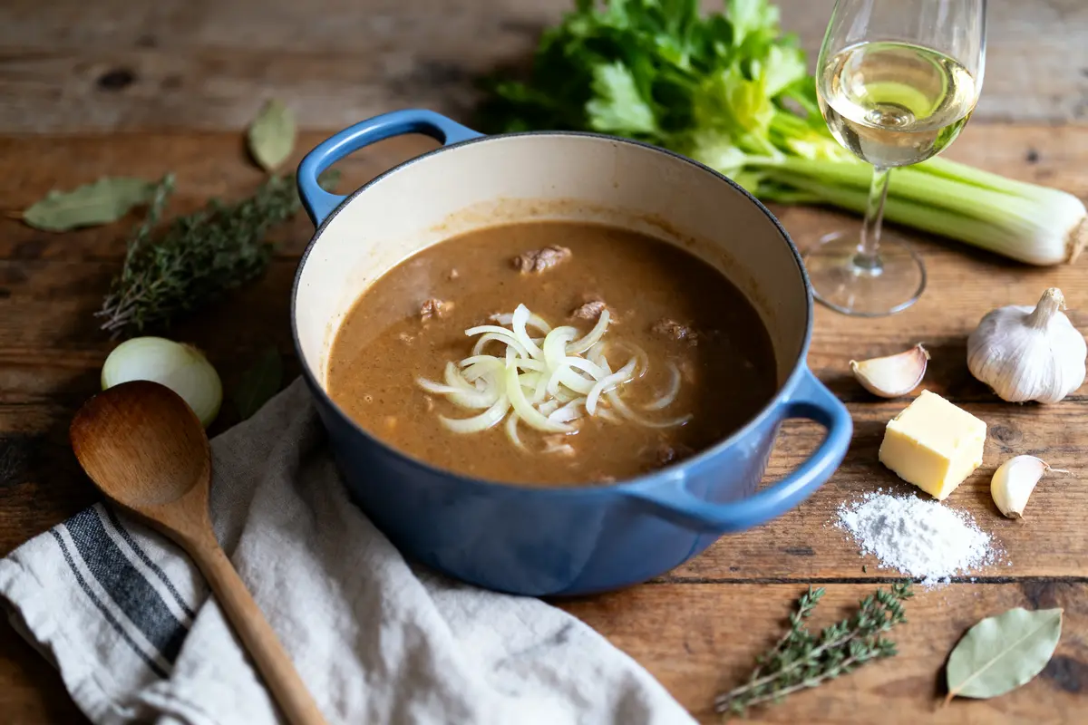 Cocotte avec ragoût de viande, oignons. Ingrédients : céleri, ail, thym, laurier, vin blanc, beurre sur table en bois.