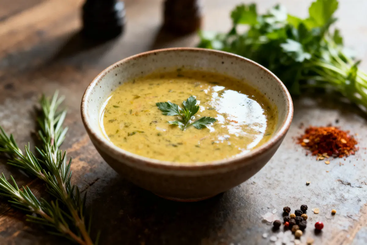 Bol de soupe aux herbes garni de persil, branches de romarin et épices sur table en bois.