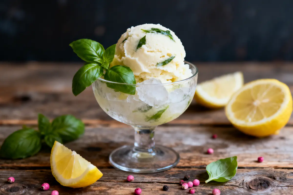 Coupe de glace au citron avec feuilles de basilic sur table en bois, accompagnée de morceaux de citron.