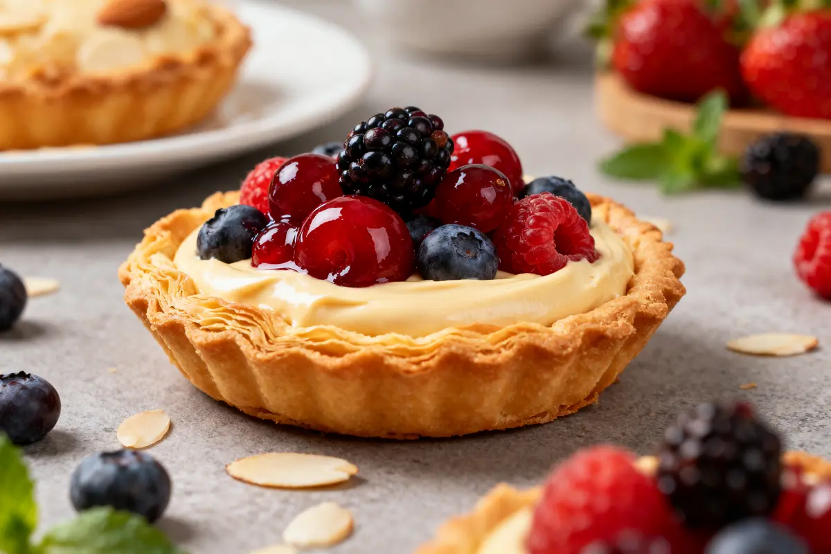 Tarte aux fruits frais, crème pâtissière, croûte dorée, garnie de mûres, framboises, groseilles et bleuets, décorée d'amandes.