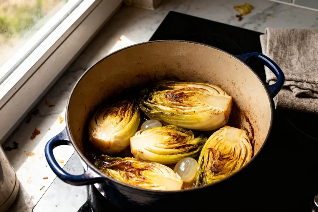 Choux braisés dans une cocotte en fonte bleue, près d'une fenêtre.