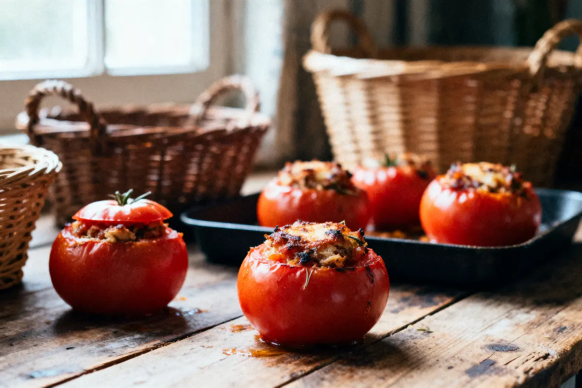 Tomates farcies au four sur table en bois, paniers en osier en arrière-plan.