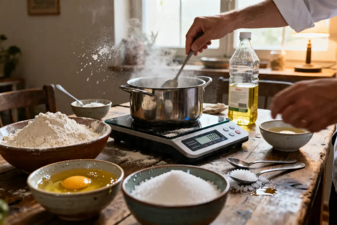 Cuisine avec balance, farine, oeuf, huile et conversion gramme litre cuisinemoiunmouton en cours