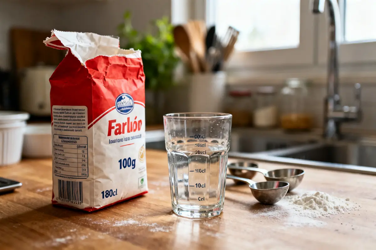 Paquet de farine 100g et verre mesurant 100g en centilitre sur table de cuisine