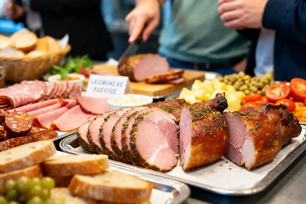 Assortiment de viandes et charcuteries fines présenté chez Delicatessen Lyon en buffet élégant