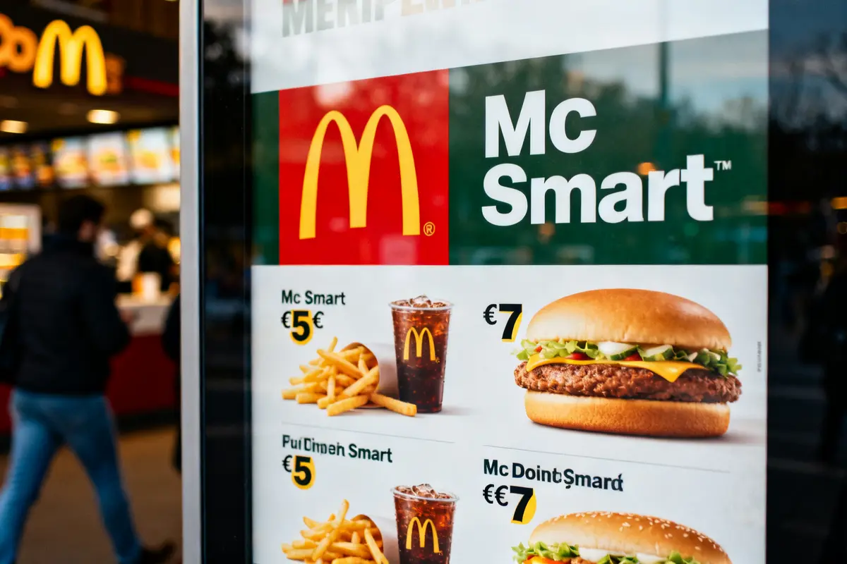 Menu Mc Smart affiché avec burger, frites et boisson à l'entrée de McDonald's