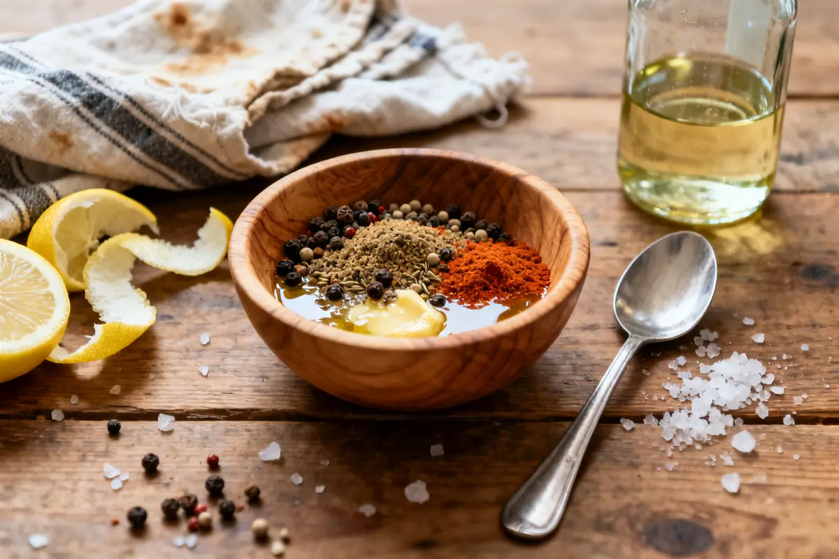 Bol en bois avec épices colorées parfaites comme assaisonnement pour saumon sur table en bois