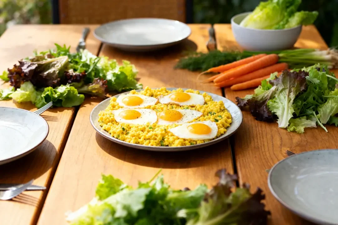 Assiette d'œufs mimosa avec salades et légumes pour savoir avec quoi accompagner des oeufs mimosa