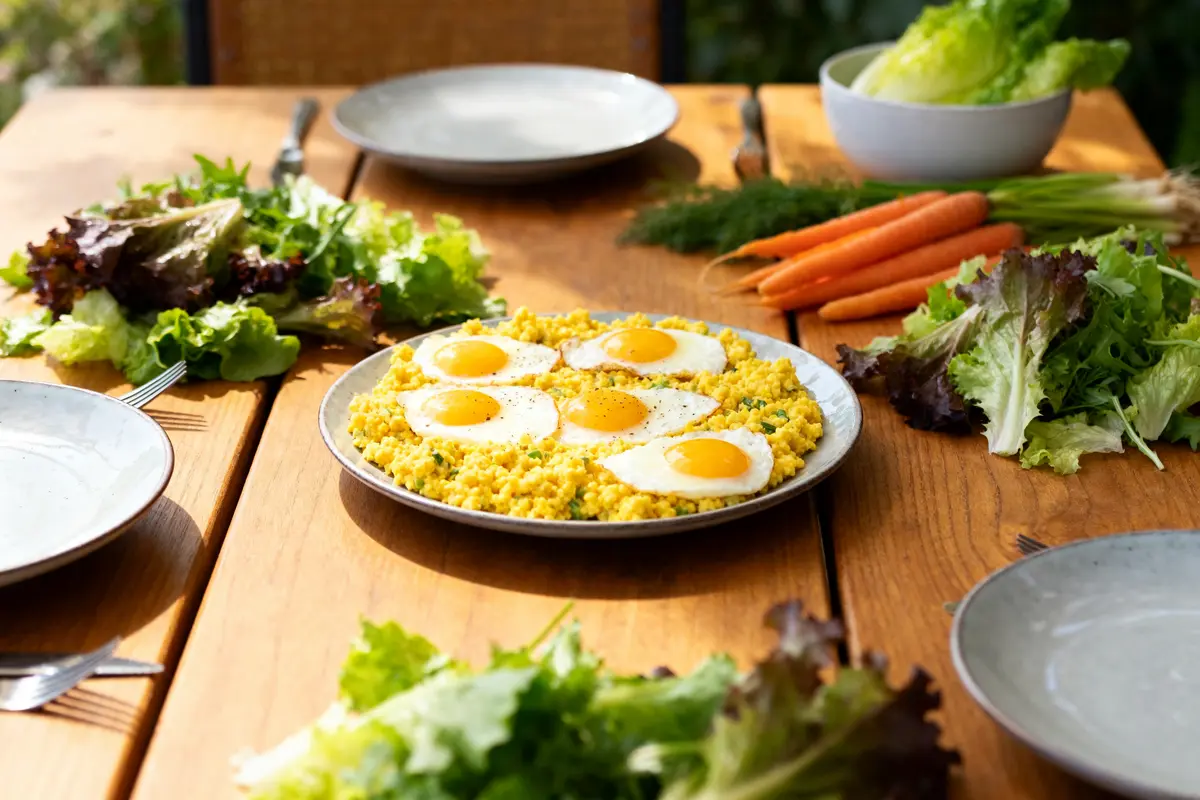 Assiette d'œufs mimosa avec salades et légumes pour savoir avec quoi accompagner des oeufs mimosa