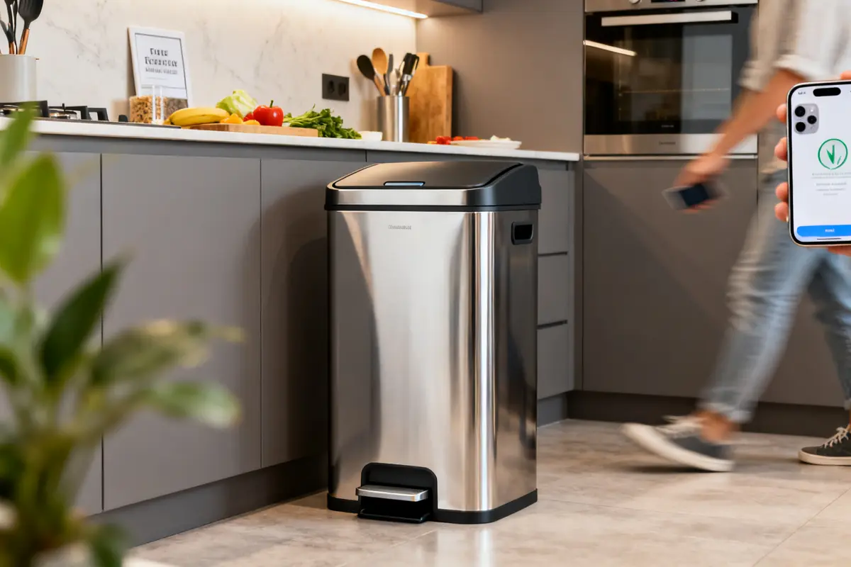 Cuisine moderne avec belle poubelle en acier inoxydable et fruits sur le comptoir