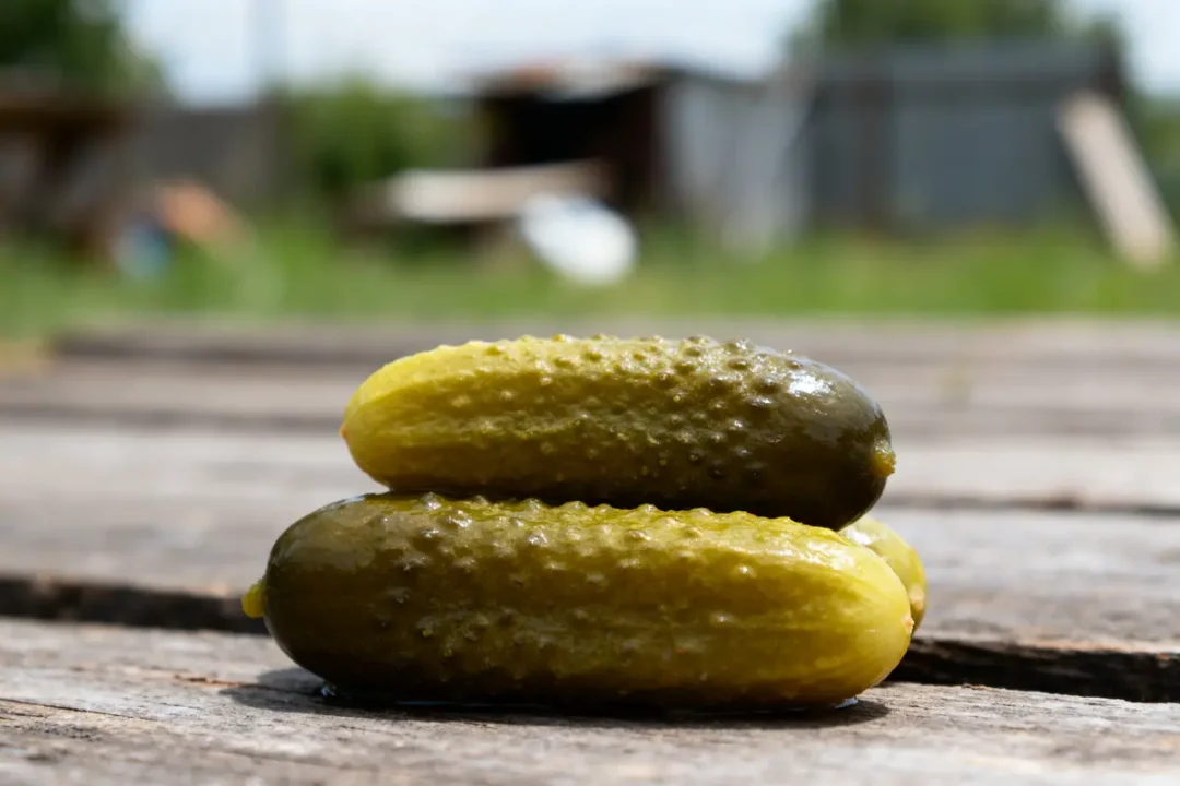 Deux cornichons posés sur une table en bois illustrant le bienfait du cornichon