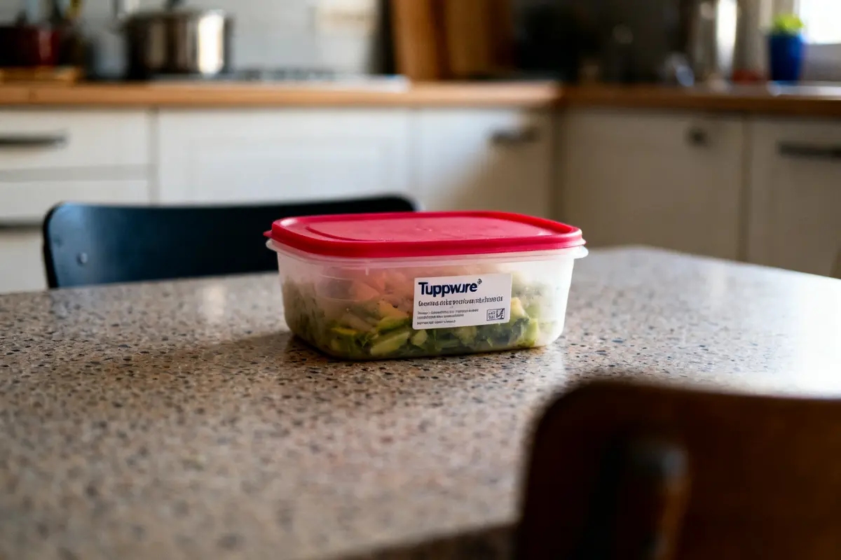 Boîte Tupperware remplie de légumes sur une table de cuisine en granit