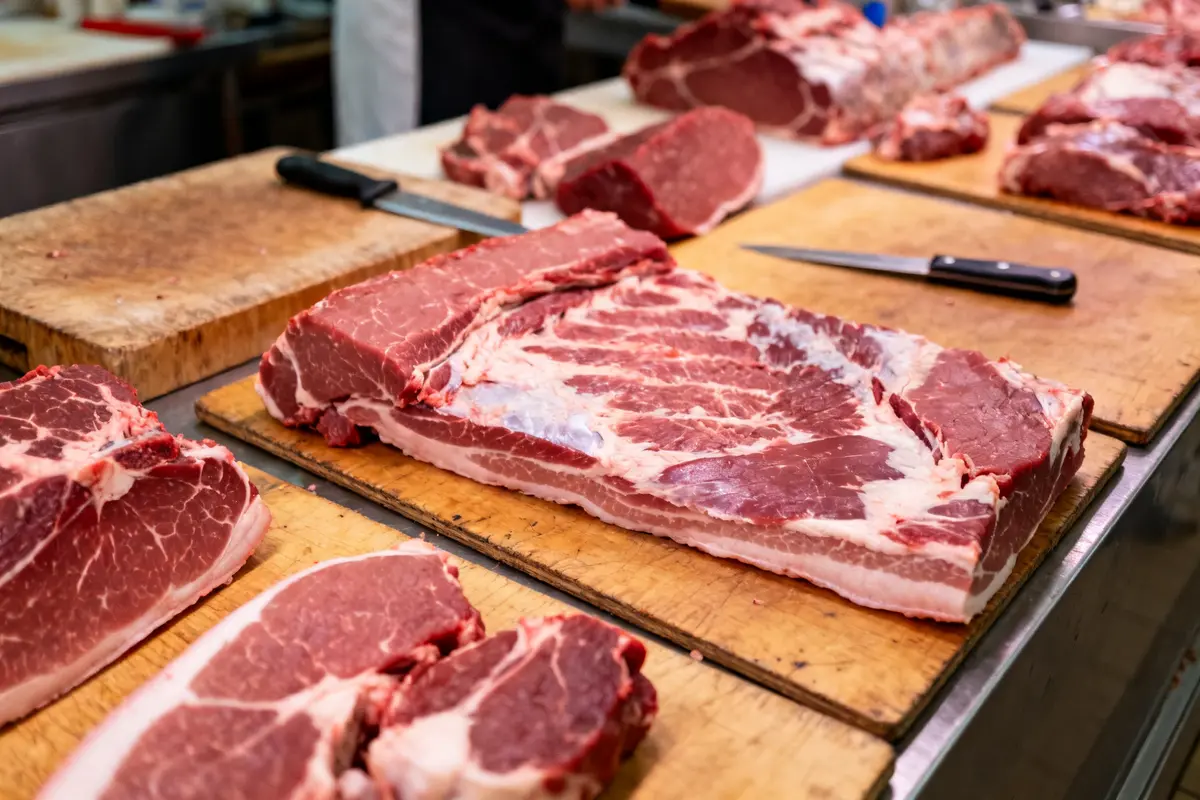 Viande rouge sur planches chez Boucherie Halal La Basse Cote de la Roseraie
