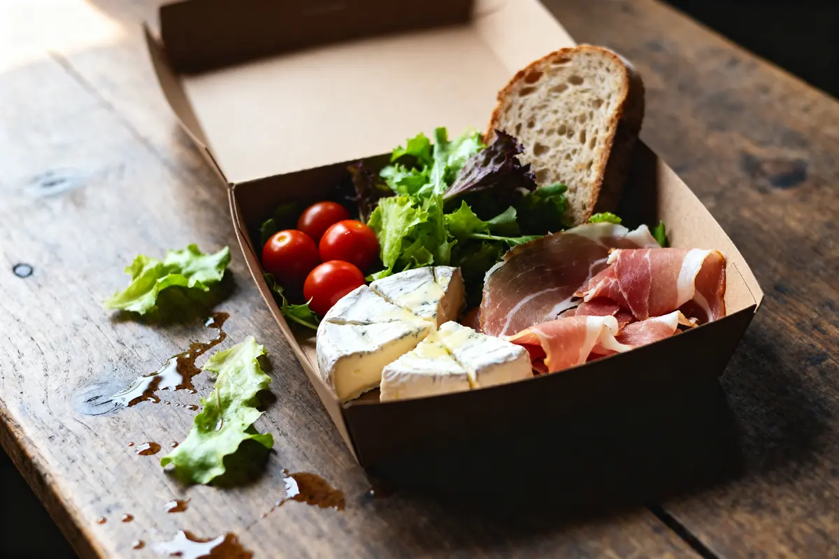 Box repas avec fromage, prosciutto, tomates, salade et pain sur table en bois.