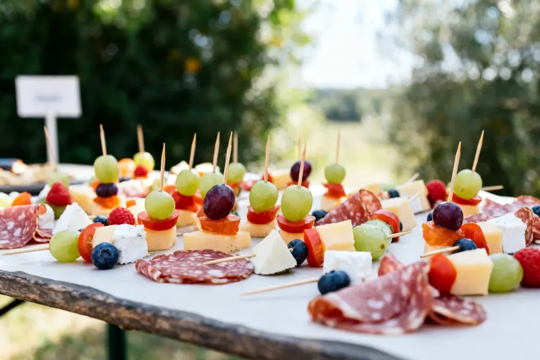 Brochettes apéro froides avec fromage, tomates, raisins sur table de pique-nique extérieure.