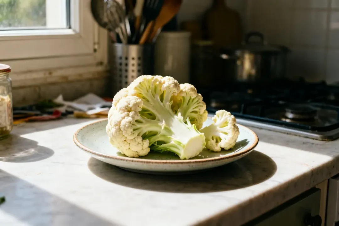 Chou-fleur sur assiette prêt pour cuisson au micro-ondes dans une cuisine ensoleillée