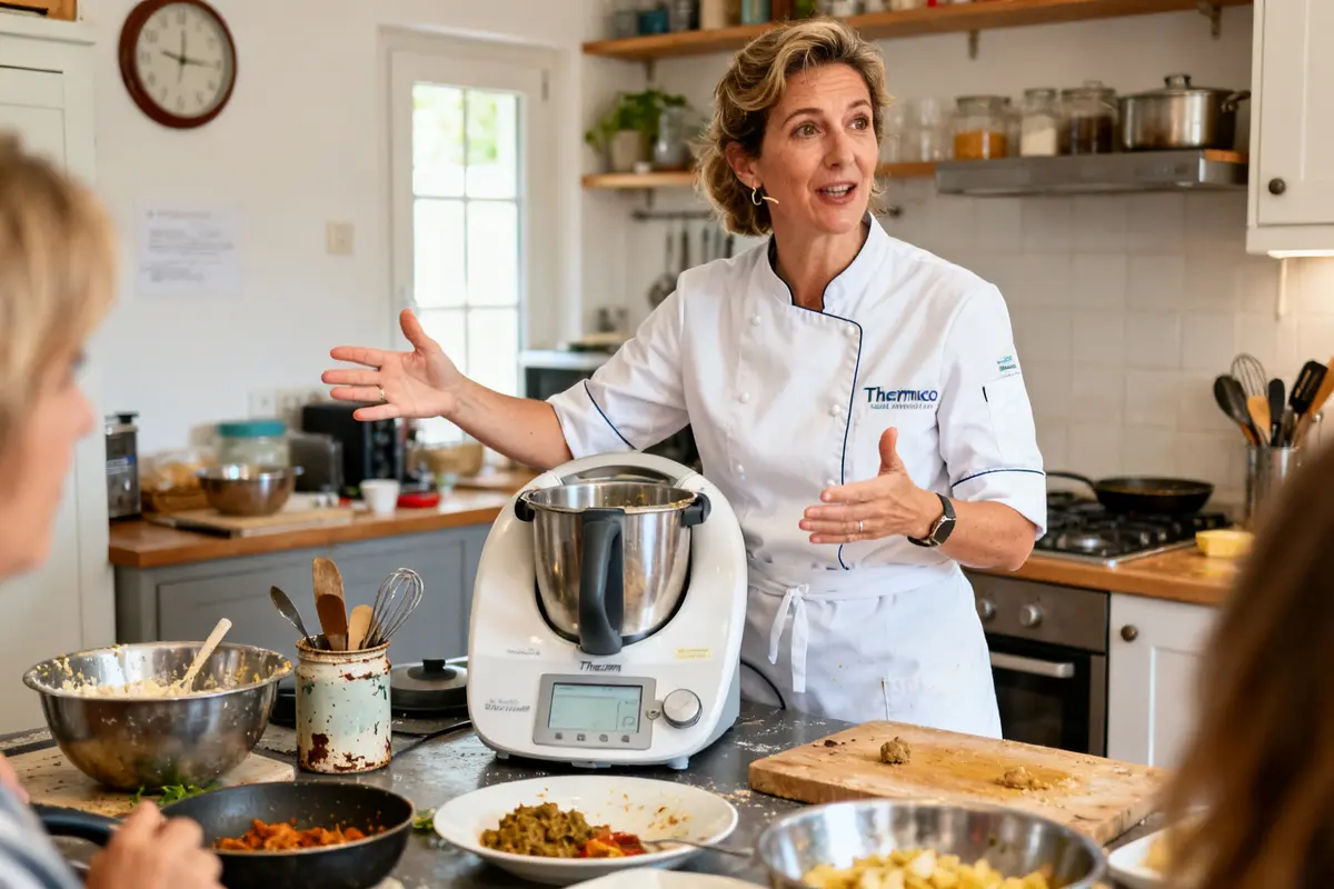 Conseillère Thermomix expliquant une recette avec le robot culinaire en cuisine conviviale et moderne