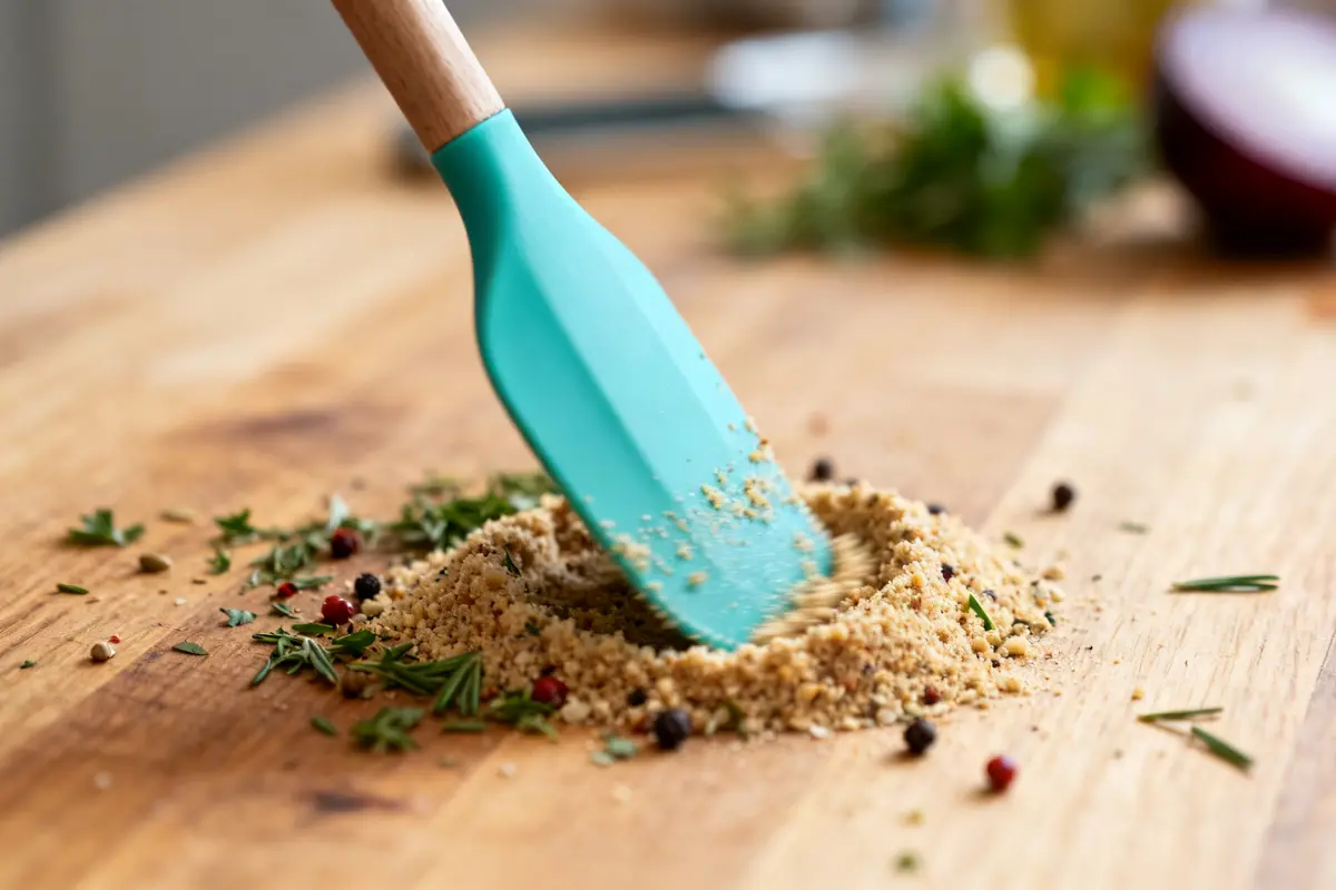 Maryse turquoise mélange épices sur planche en bois pour cuisine une maryse
