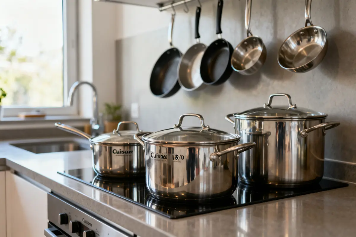 Batterie de cuisine en acier inoxydable Cuisinox utilisée, cuisinox avis positif en cuisine moderne