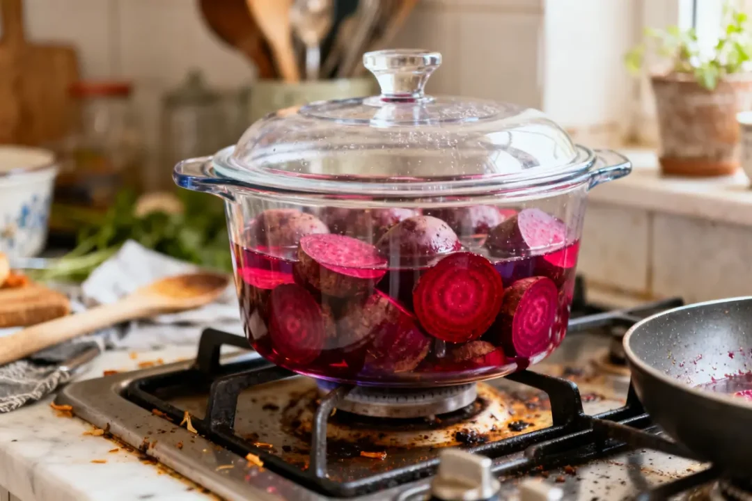 Cuisson betteraves rouges cocotte minute dans une casserole en verre sur une cuisinière