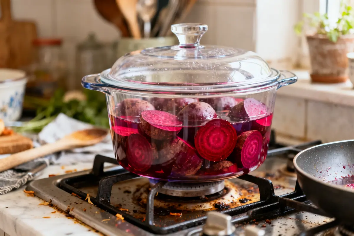 Cuisson betteraves rouges cocotte minute dans une casserole en verre sur une cuisiniĂšre