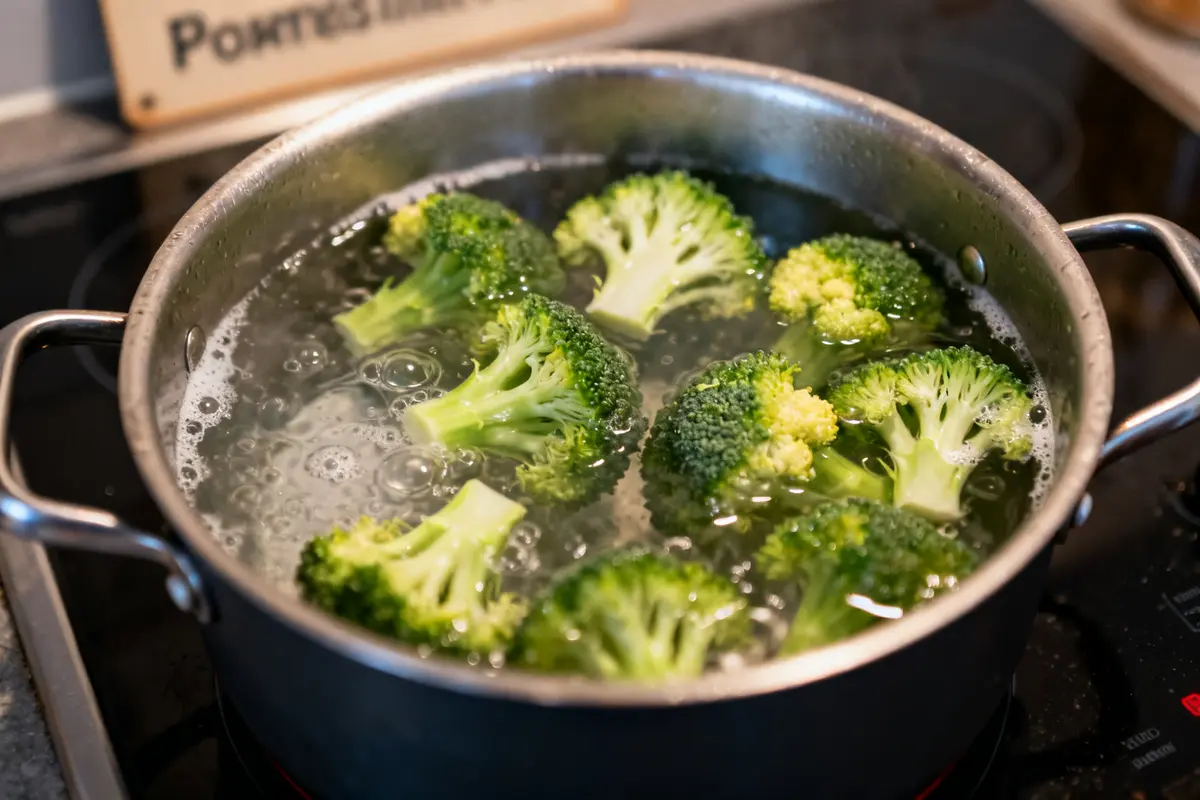 Cuisson brocolis eau dans une casserole bouillante sur une cuisinière électrique en cuisine