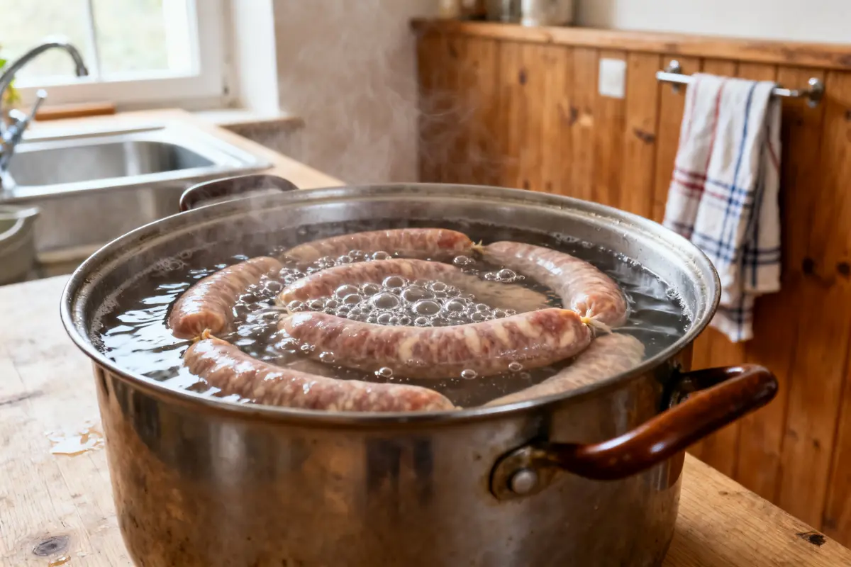 Cuisson de la saucisse de Strasbourg dans l'eau bouillante sur cuisinière rustique en bois